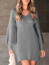 Texture V-Neck Lantern Sleeve Sweater Dress, cozy gray knit with patterned bodice