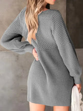 Texture V-Neck Lantern Sleeve gray knit sweater dress, cozy textured pattern