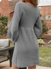 Texture V-Neck Lantern Sleeve gray knitted sweater dress with ribbed pattern
