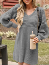 Gray waffle-knit v-neck sweater dress with long bell sleeves