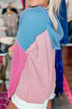 Textured color block long sleeve hoodie with stripes and ribbed knit