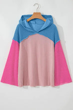 Textured color block long sleeve hoodie with pleated bell sleeves