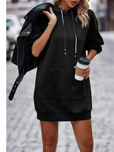 Black textured drawstring tunic hoodie dress with front pocket
