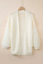 White textured knit cardigan with long bell sleeve length and open front