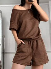 Brown textured off-shoulder knit top and matching shorts set back view