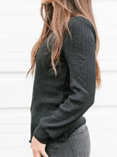 Dark grey ribbed knit textured mock neck long sleeve t-shirt