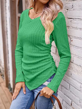 Textured ruched long sleeve V-neck green ribbed top with asymmetrical hem
