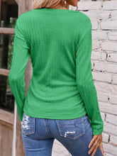 Women’s long-sleeve green textured ruched V-neck knit top
