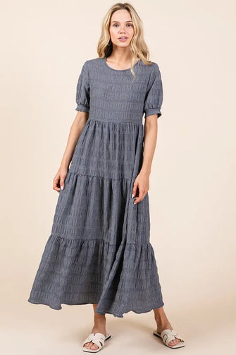 Textured Short Sleeve Tiered Maxi Dress for Women CHARCOAL