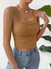 Tan ruched crop top textured square neck with wide straps and gathered fabric for stylish casual wear