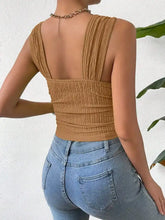 Tan textured square neck crop top with smocked ruched straps and fitted textured fabric for stylish wear