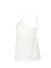 White lace textured sweetheart neck cami with delicate vertical embroidery and thin halter straps