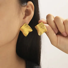 Abstract textured titanium steel square stud earrings in gold
