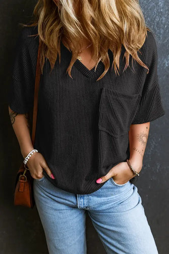 Textured V-Neck Dropped Shoulder T-Shirt Black Woman T Shirts