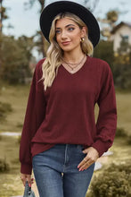 Maroon long-sleeve V-neck dropped shoulder textured knit sweater