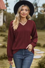 Burgundy textured V-neck long-sleeve dropped shoulder sweater