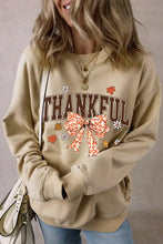 Beige Thankful Bow Round Neck Long Sleeve Sweatshirt with Leopard Print