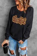Thankful round neck long sleeve sweatshirt with gold glitter, jeans, mug