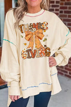 Cream-colored oversized thanksgiving graphic crew neck sweatshirt with bow design machine wash cold tumble dry low