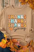Beige Thanksgiving round neck dropped shoulder sweatshirt for women with colorful thanks thanks thanks giving text
