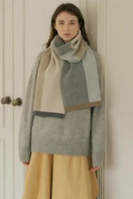 Thermal contrast acrylic scarf in grey, beige, and light blue blocks