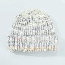 Light gray and white thermal contrast knit hat with colorful flecks