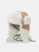 Light brown thermal fuzzy earmuffs winter hat with white faux fur lining