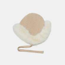Thermal Tied Fuzzy Winter Hat in beige with cream faux fur brim