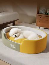 Thickened oval plush pet nest in yellow and sage green with good luck embroidery