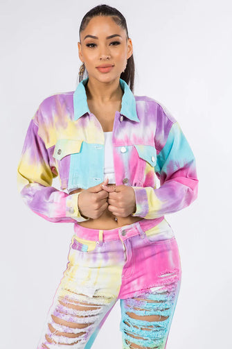 Tie Dye Cropped Denim Jacket and Jeans Set for Women Unicorn