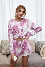Pink and white tie-dye dropped shoulder top and drawstring shorts loungewear set with long sleeves and soft fabric
