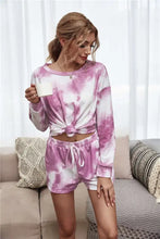 Pink and white tie-dye dropped shoulder top with knotted front and elastic waist shorts loungewear set