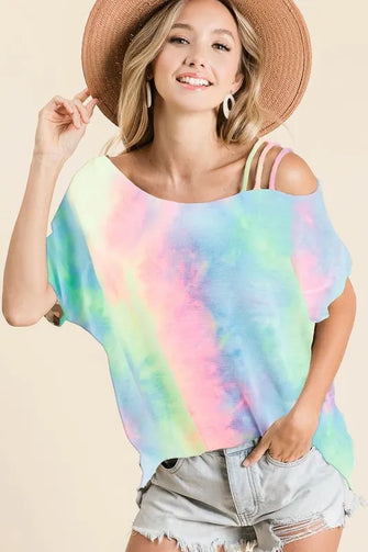 Tie Dye French Terry Off Shoulder Top for Women PASTEL TIEDYE