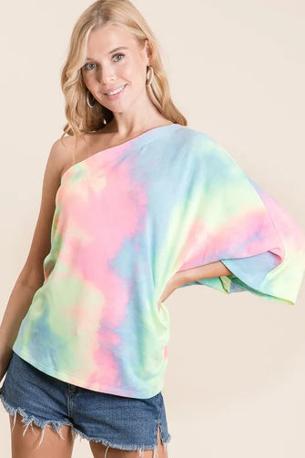 Tie Dye French Terry One Shoulder Top for Women PASTEL TIE DYE