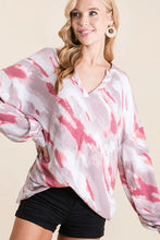 Tie Dye French Terry Top with Balloon Sleeves and V Neck