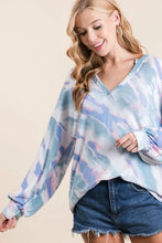 Tie Dye French Terry Top with Balloon Sleeves LIGHT TURQUOISE
