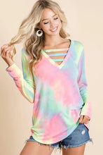 Tie Dye French Terry V Neck Long Sleeve Top for Women PASTEL TIE DYE