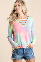 Tie Dye French Terry V Neck Long Sleeve Top for Women