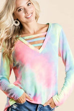 Tie Dye French Terry V Neck Long Sleeve Top for Women