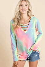 Tie Dye French Terry V Neck Long Sleeve Top for Women Woman T Shirts