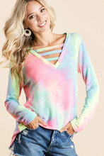 Tie Dye French Terry V Neck Long Sleeve Top for Women