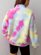 Pastel tie-dye fuzzy quarter zip sweatshirt with vibrant pink yellow blue splotches and slightly stretchy material