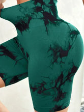 Tie-Dye High Waist Active Shorts in green with black splatter, stretchy fabric