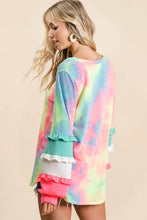 Tie Dye Long Sleeve Top with Color Block Sleeves and Ruffled Cuffs