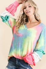Tie Dye Long Sleeve Top with Color Block Sleeves and Ruffled Cuffs PASTEL TIE DYE