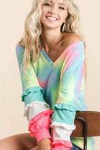 Tie Dye Long Sleeve Top with Color Block Sleeves and Ruffled Cuffs