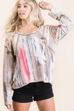 Tie Dye Long Sleeve Top with Print Block Shoulder and Lace Accents