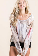Tie Dye Long Sleeve Top with Print Block Shoulder and Lace Accents