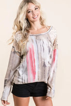 Tie Dye Long Sleeve Top with Print Block Shoulder and Lace Accents TAUPE VINTAGE RED