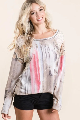Tie Dye Long Sleeve Top with Print Block Shoulder and Lace Accents TAUPE VINTAGE RED